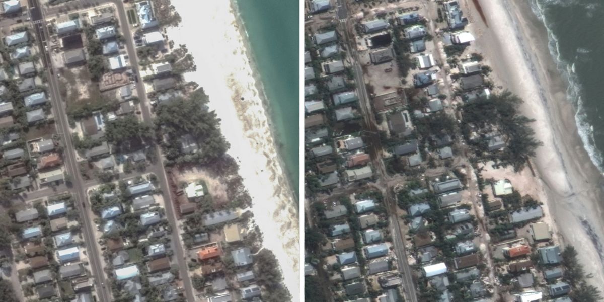 Satellite Image Taken Before And After Hurricane Milton In Holmes Beach On Anna Maria Island