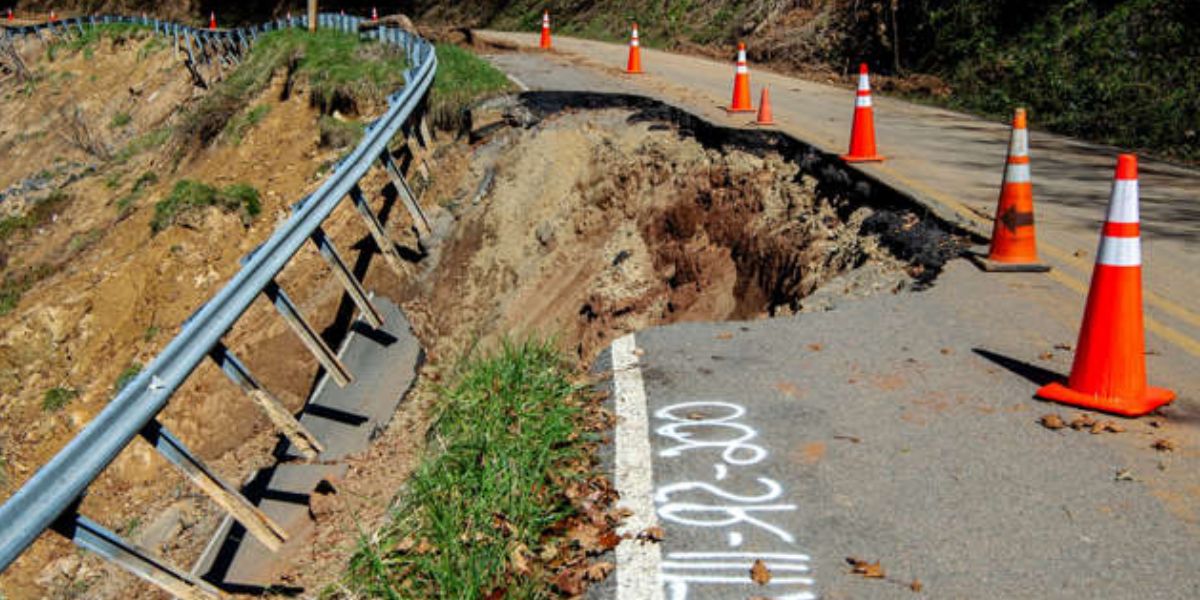 A Section Of Road Destroyed Due To Hurricane Helene