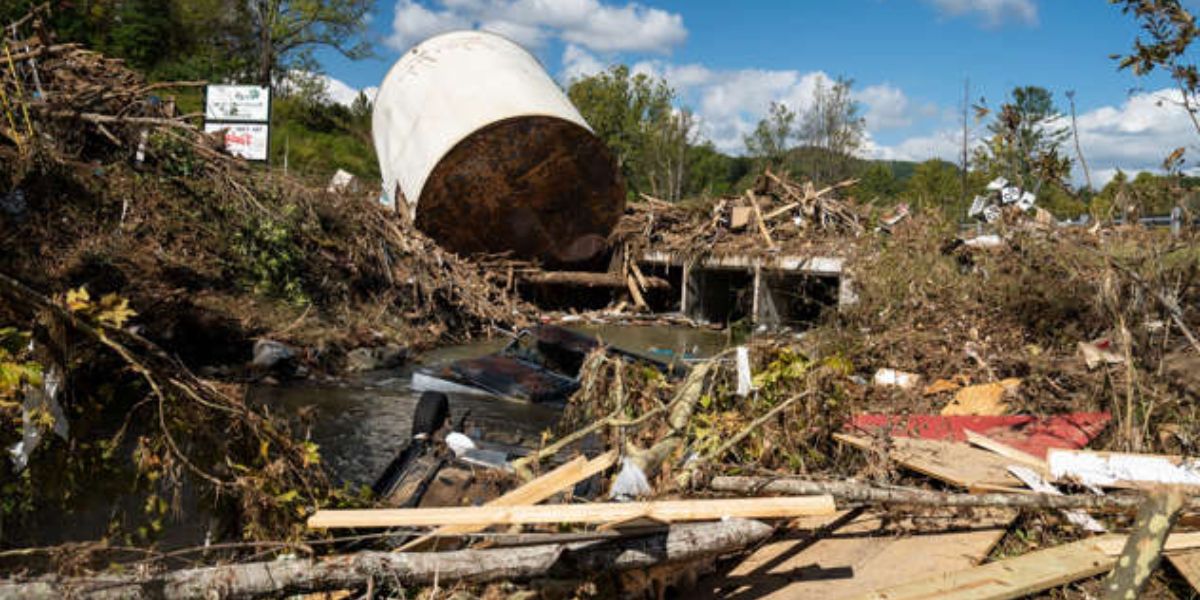 Debris And Vehicles Surround The Little Crabtree Creek